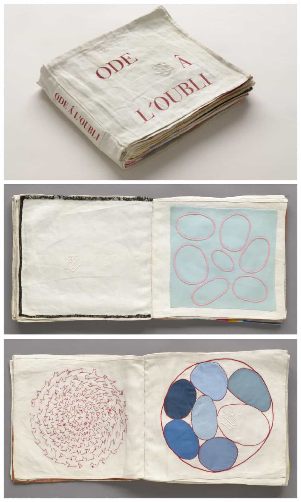 Louise Bourgeois artist's book - fabric from pieces of textiles throughout her life - cover and 2 pages - Ode A L'Oubli