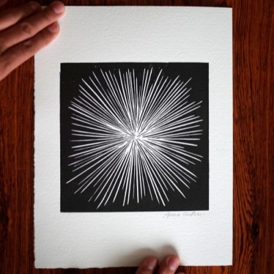 art linocut print of a burst