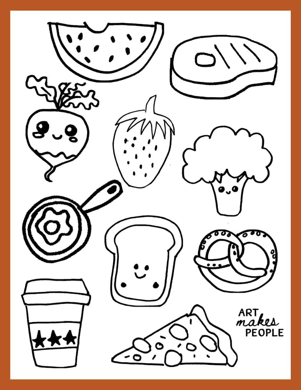 a page of cute drawn doodles - different foods - some with faces