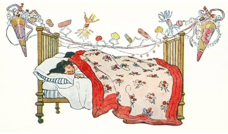 vintage art of children nestled in their beds on Christmas eve
