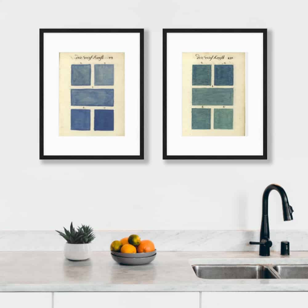 2 framed color swatch wall art prints hanging above sink
