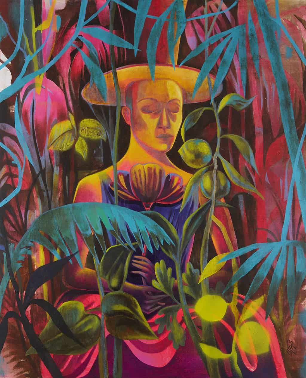 male figure in hat with eyes closed in colorful jungle setting