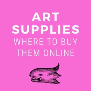 pink square with text that reads: art supplies where to buy them online, and small vintage drawing of sea creature head