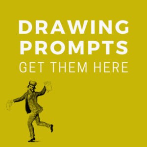 yellow background with text that reads: 'drawing prompts get them here', plus vintage illustration of man running
