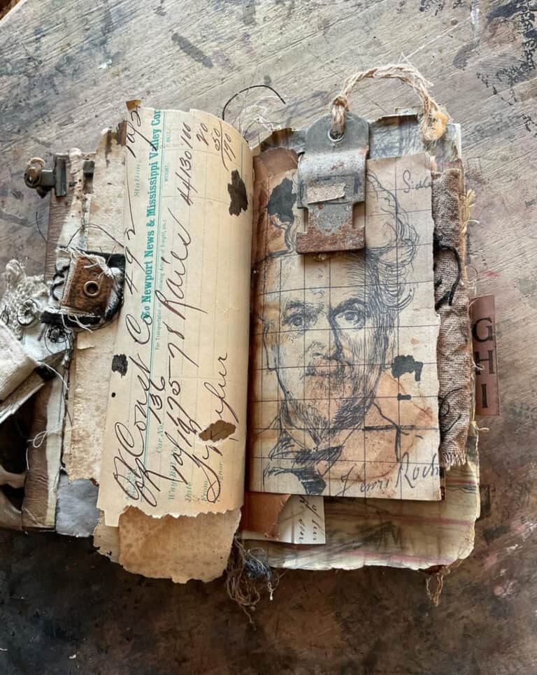 open junk journal with illustrated face, text, metal bits