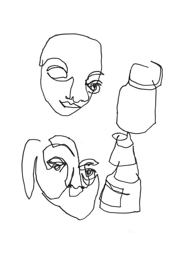 loose blind contour drawings of faces and jars