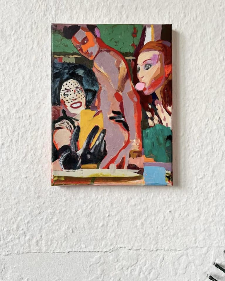 small painting on wall of 3 figures; 1 blowing bubble gum