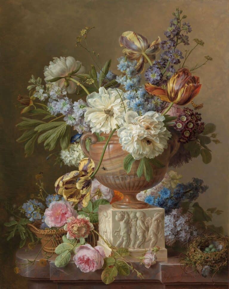 18th c. oil paintiing of flowers ini vase on table